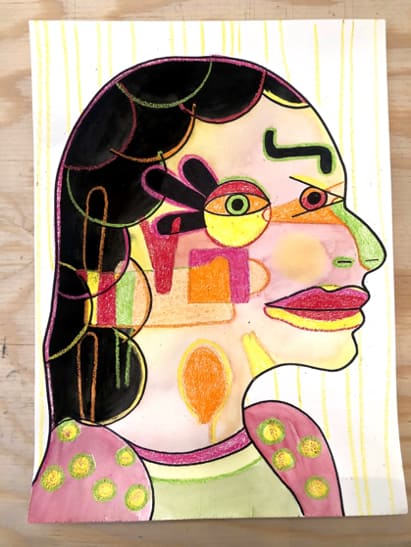 Picasso Faces on White Paper - Portrait Drawing in Oil Pastel Art