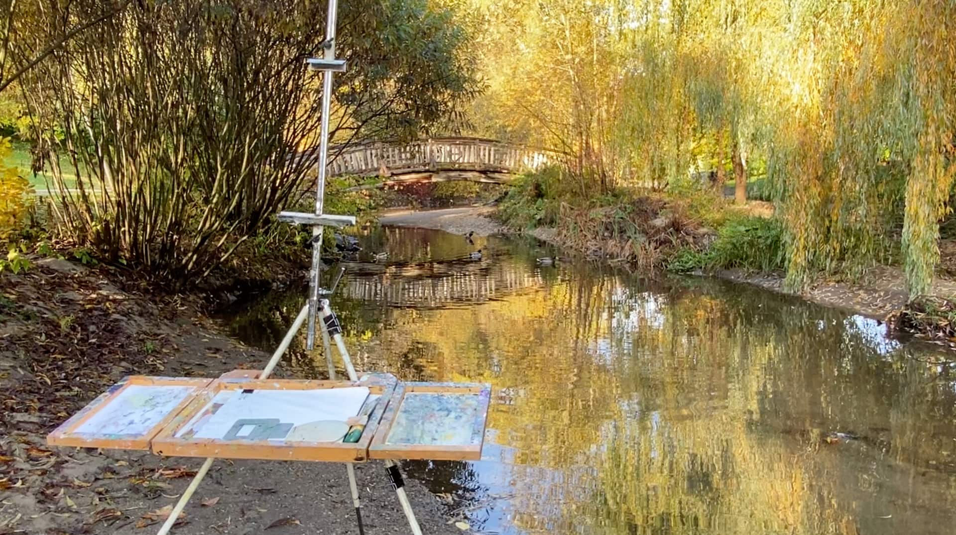 Avenue Road Arts School students painting landscapes outdoors during a sunlit fall workshop.