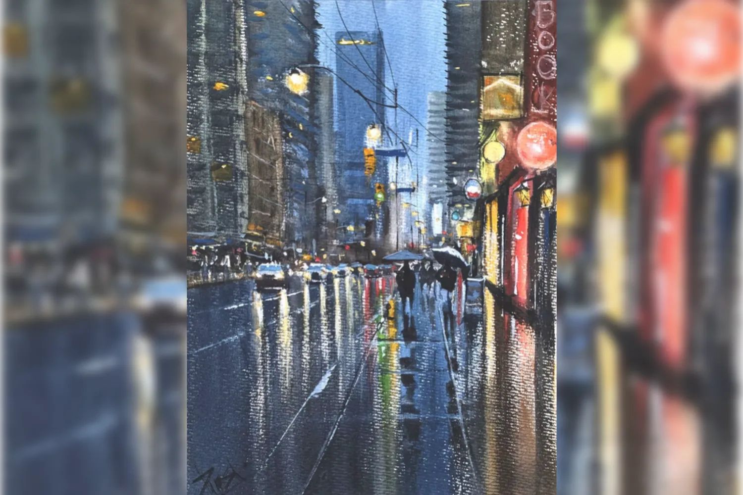 Advanced watercolor painting of a city street from an adult art program in Toronto.