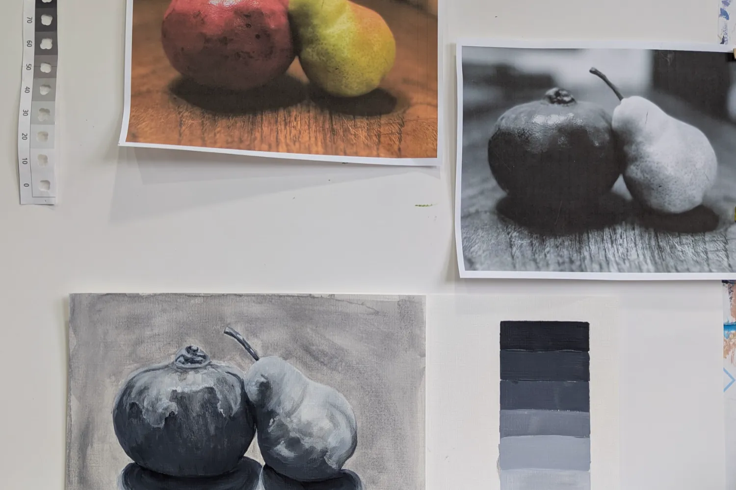 Classical charcoal still life studies and value scales from a drawing fundamentals class.