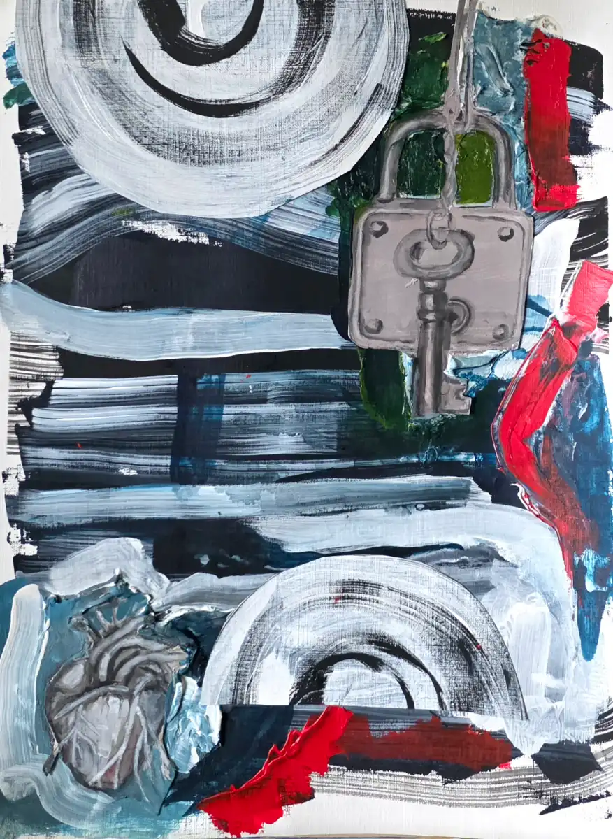 Mixed media acrylic painting featuring a grey padlock, a skeleton key, an anatomical heart, and thick red and black brushstrokes Building Layers at Avenue Road Arts School — Winter 2026