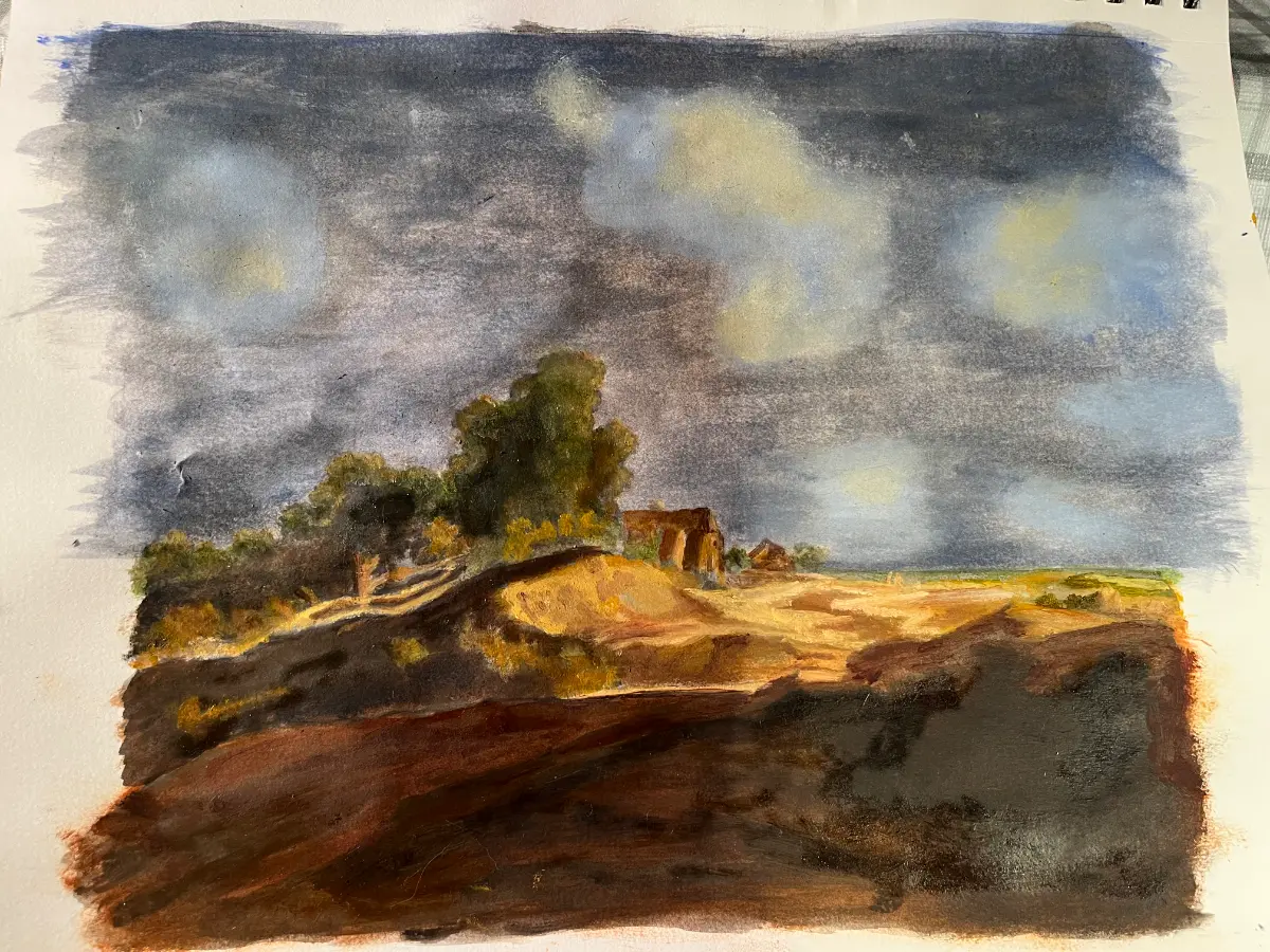 Oil painting on paper of a dark sky with blue and grey clouds over green trees and a textured brown foreground Classical Painting Techniques at Avenue Road Arts School — Winter 2026