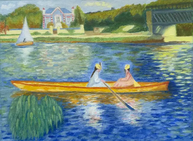 Oil painting of two figures in a yellow rowboat on a dappled blue river near a bridge and a house with red trim Classical Painting Techniques at Avenue Road Arts School — Winter 2026