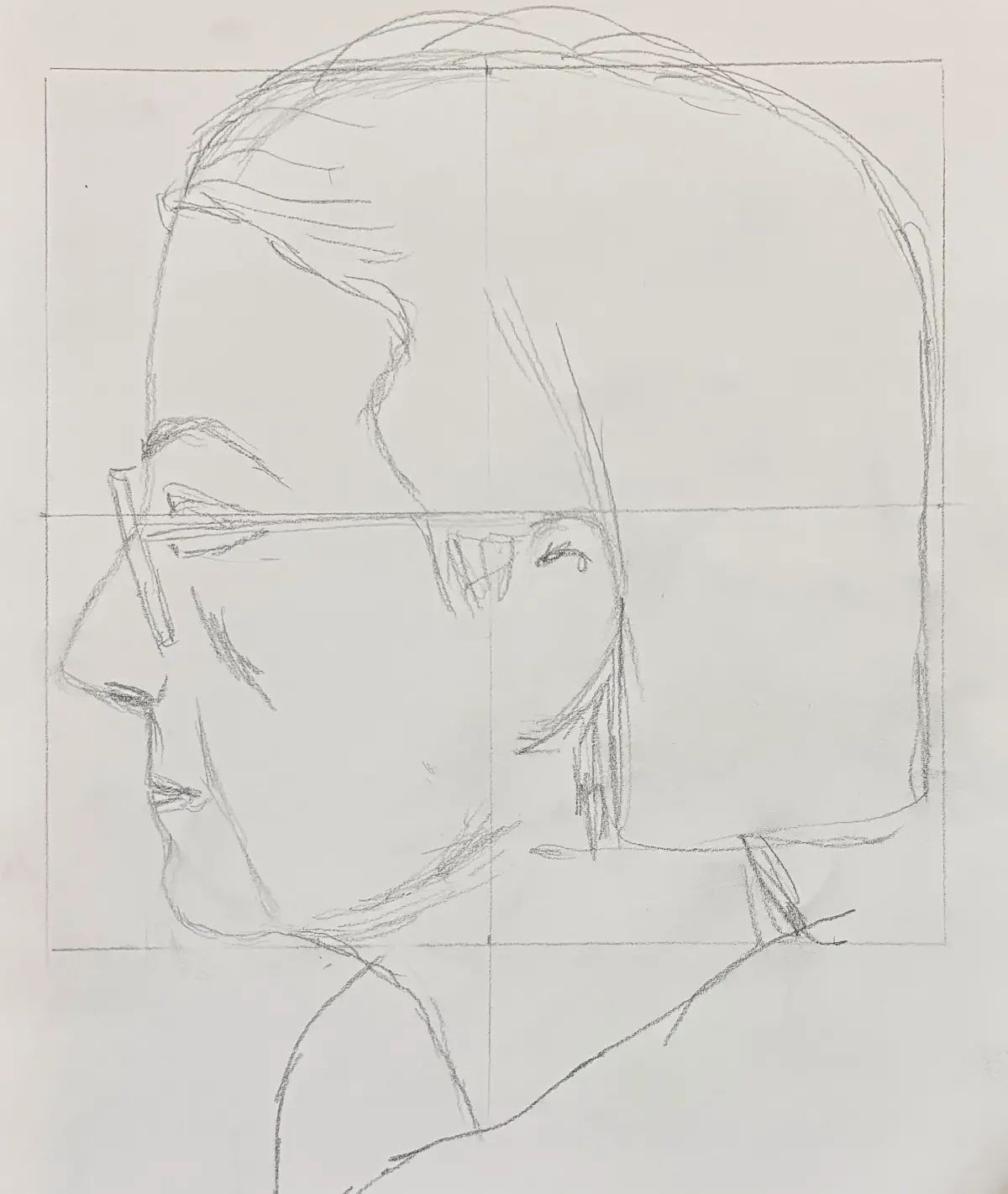 Graphite pencil sketch of a side profile wearing glasses on white paper with pencil grid lines Face to Face at Avenue Road Arts School — Winter 2026