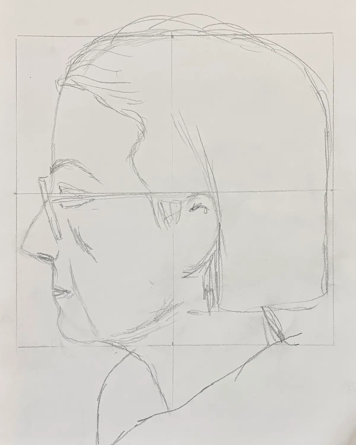 Graphite pencil sketch of a side profile wearing glasses on white paper with pencil grid lines Face to Face at Avenue Road Arts School — Winter 2026