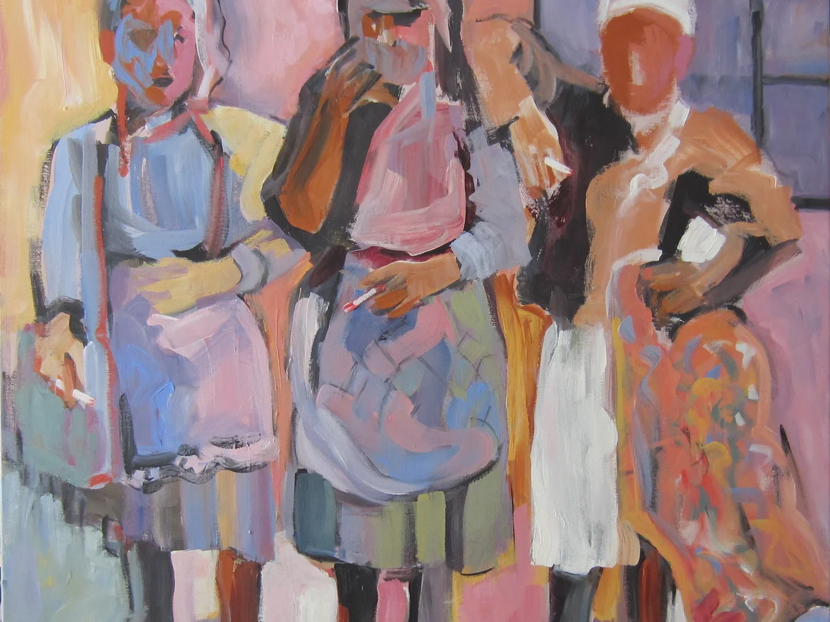 Expressive acrylic painting of three figures in warm pinks, blues and ochre tones