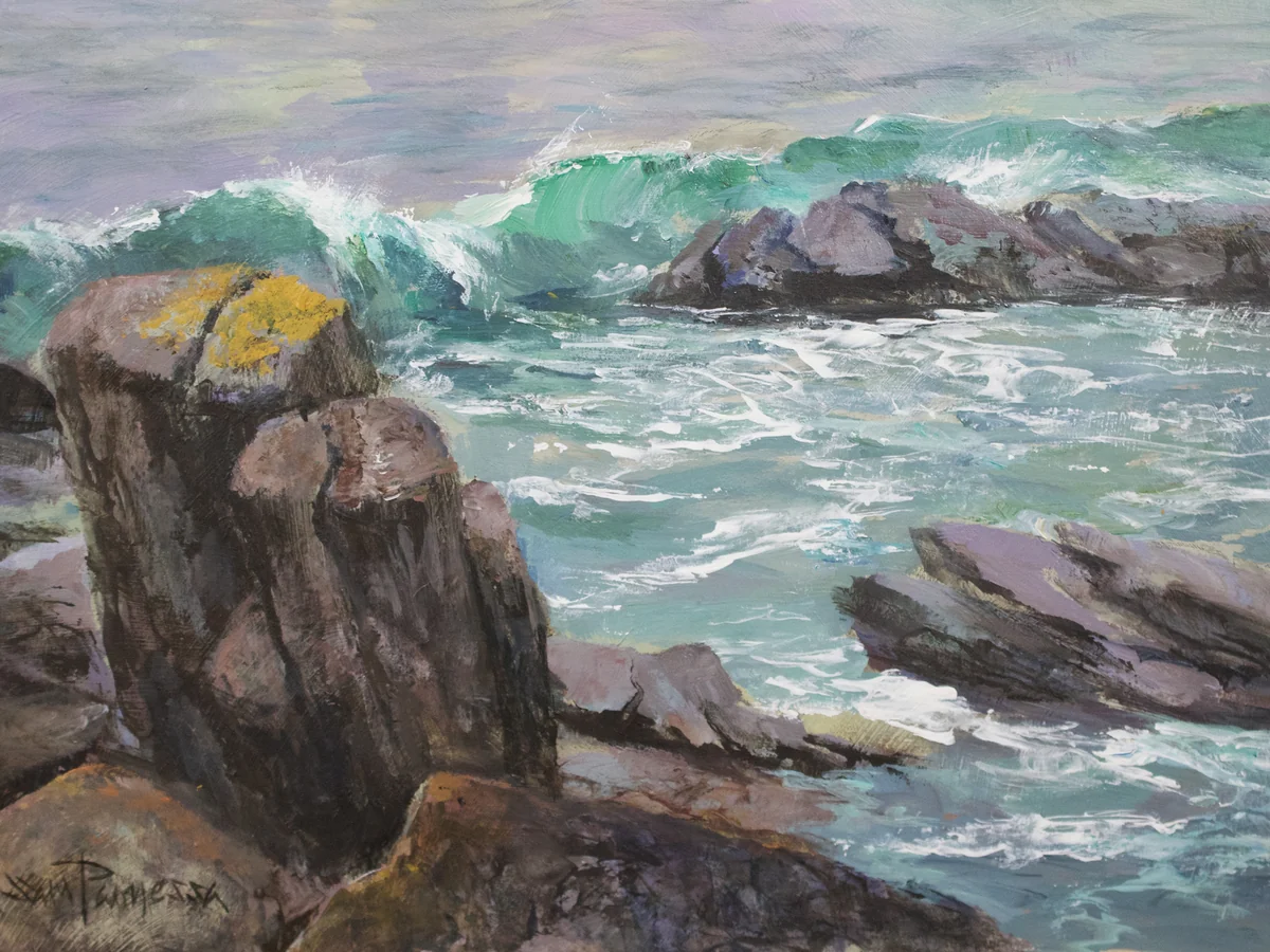 Watercolour seascape of turquoise waves breaking against a rugged rocky coastline